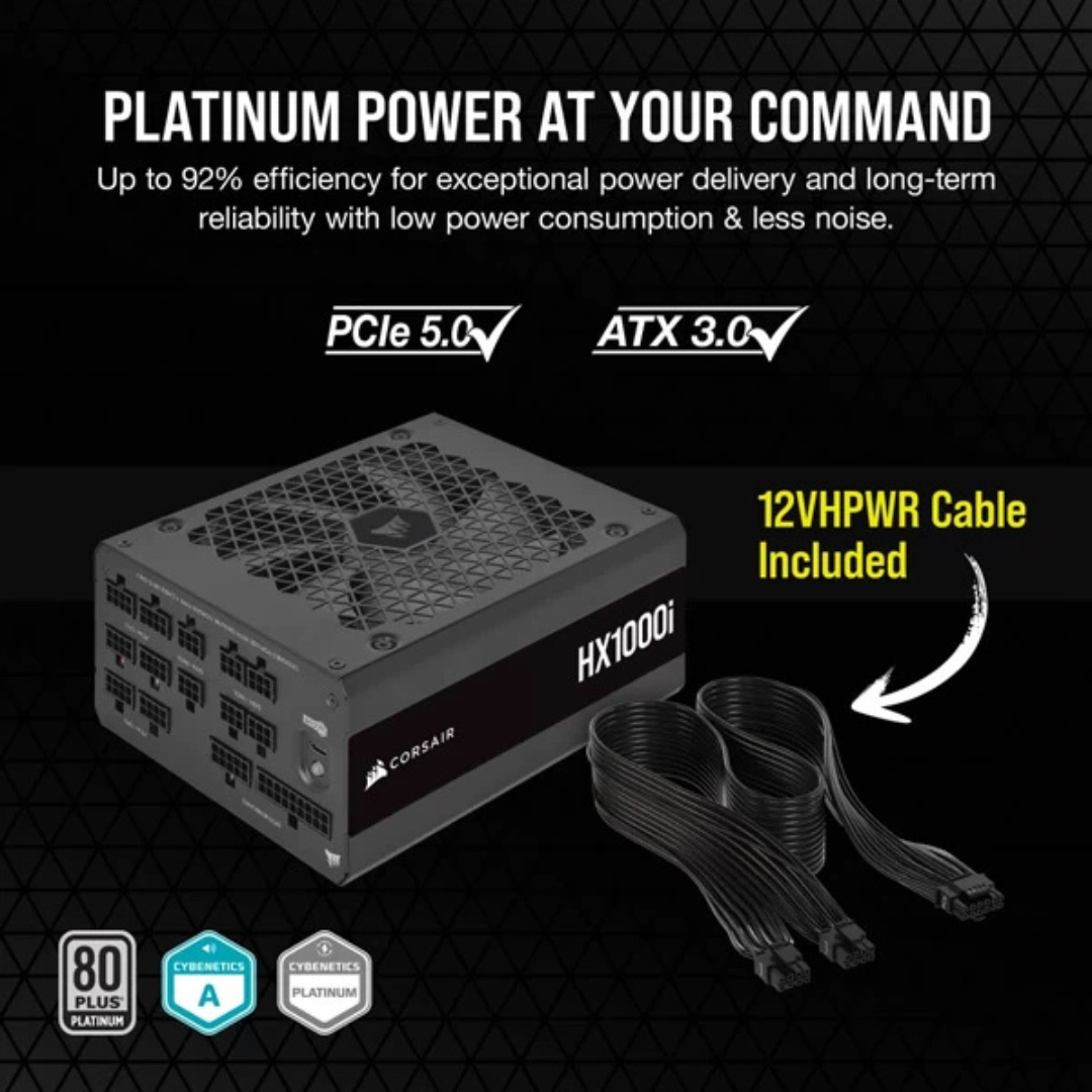 Corsair HX1000i SMPS – 1000 Watt 80 Plus Platinum Certification Fully Modular ATX 3.0 PSU with Active PFC (CP-9020259-IN)